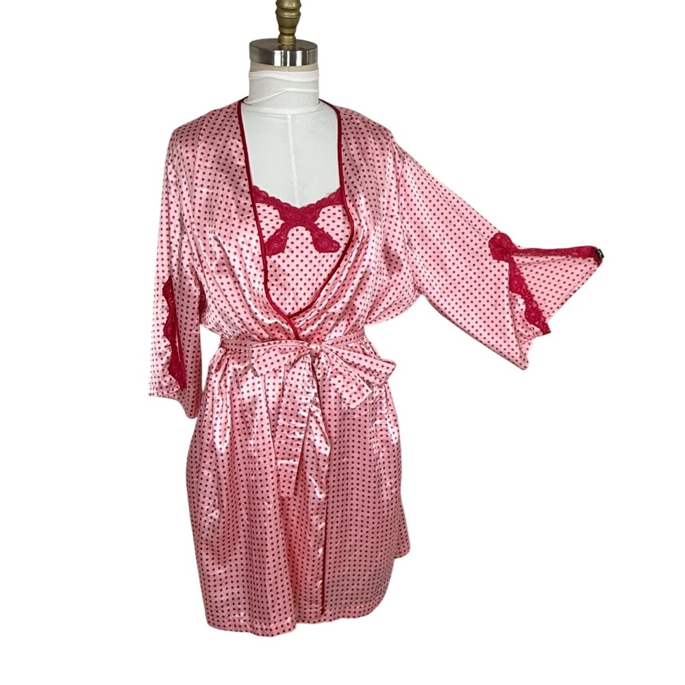 Cabernet Pink Red Polka Dot Lace Trim Slip Chemise Robe‎ Lingerie Set
